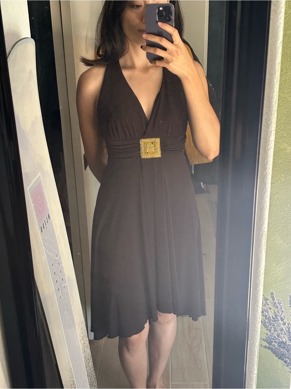 Vintage Sleeveless Brown Halter Dress with Embellished Waist